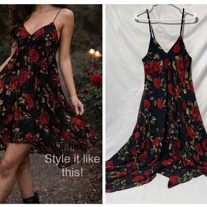 Glam & Fame Black Red Rose Floral Flowy Midi Dress | Romantic Gothic M/L